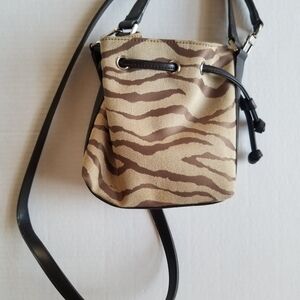 NWOT Vtg Anne Klein Zebra Print Tan/Brown Mini Bucket Convertible Crossbody Bag